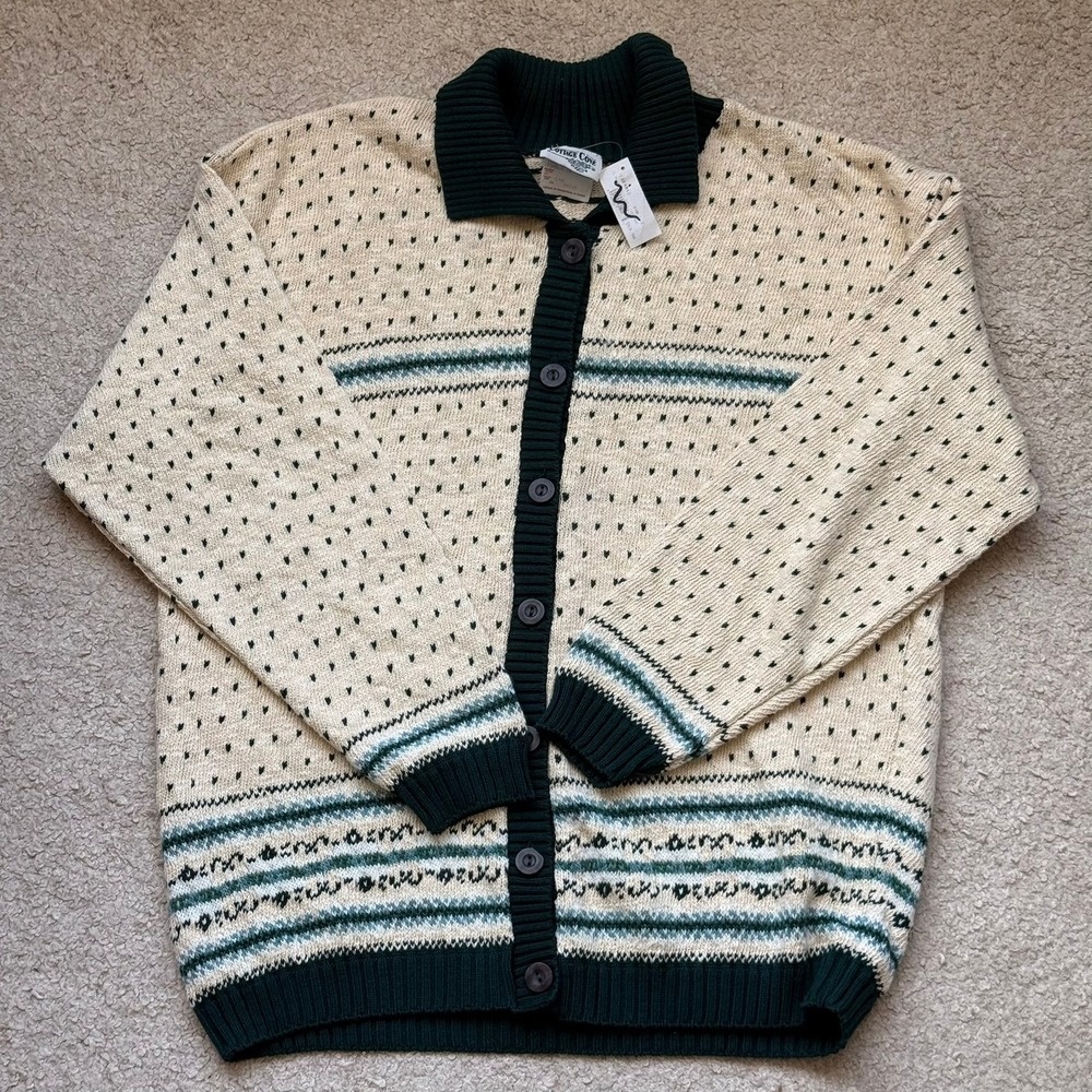 DEADSTOCK Cottage Cove Nordic Polo Cardigan Sweater Cream Green Fair Isle Large